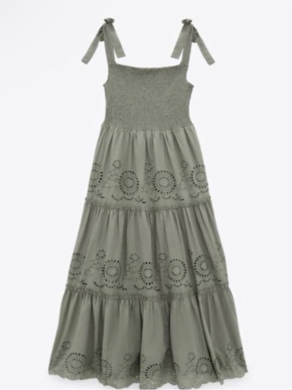 Zara Olive Green Eyelet Smocked Maxi Dress with Tie Straps